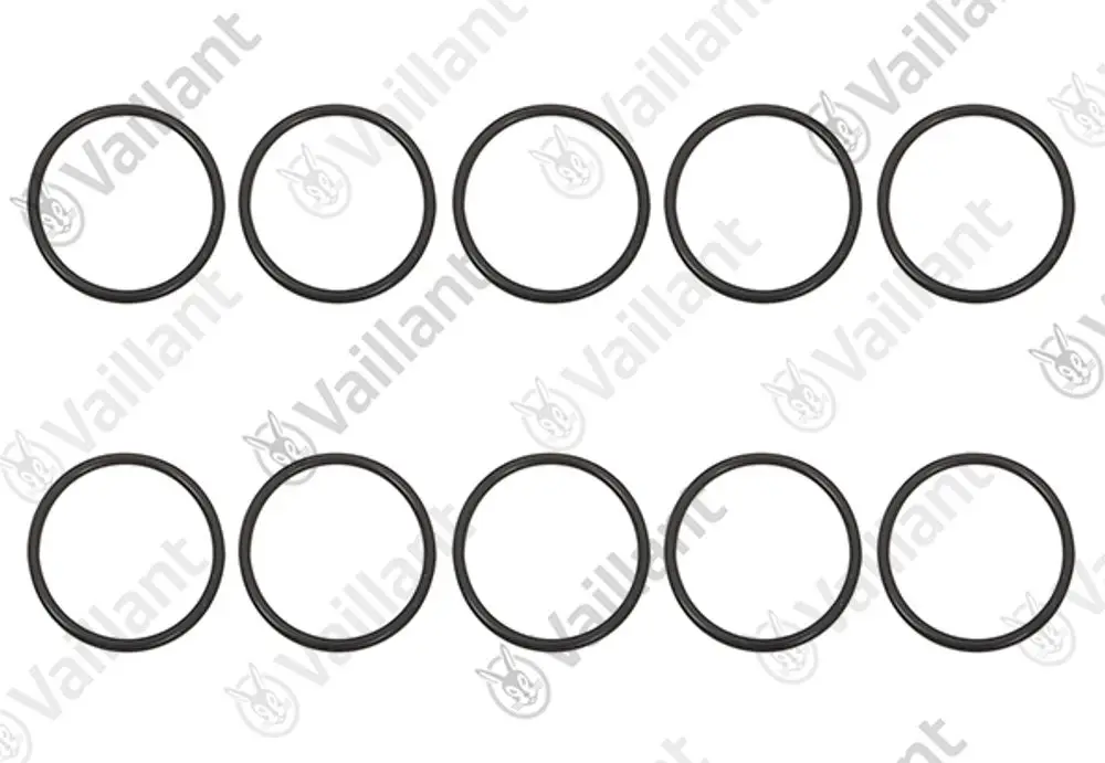 Zehn schwarze O-Ringe auf weißem Hintergrund, geeignet für verschiedene Anwendungen, erkennbar mit dem VAillant-Logo.